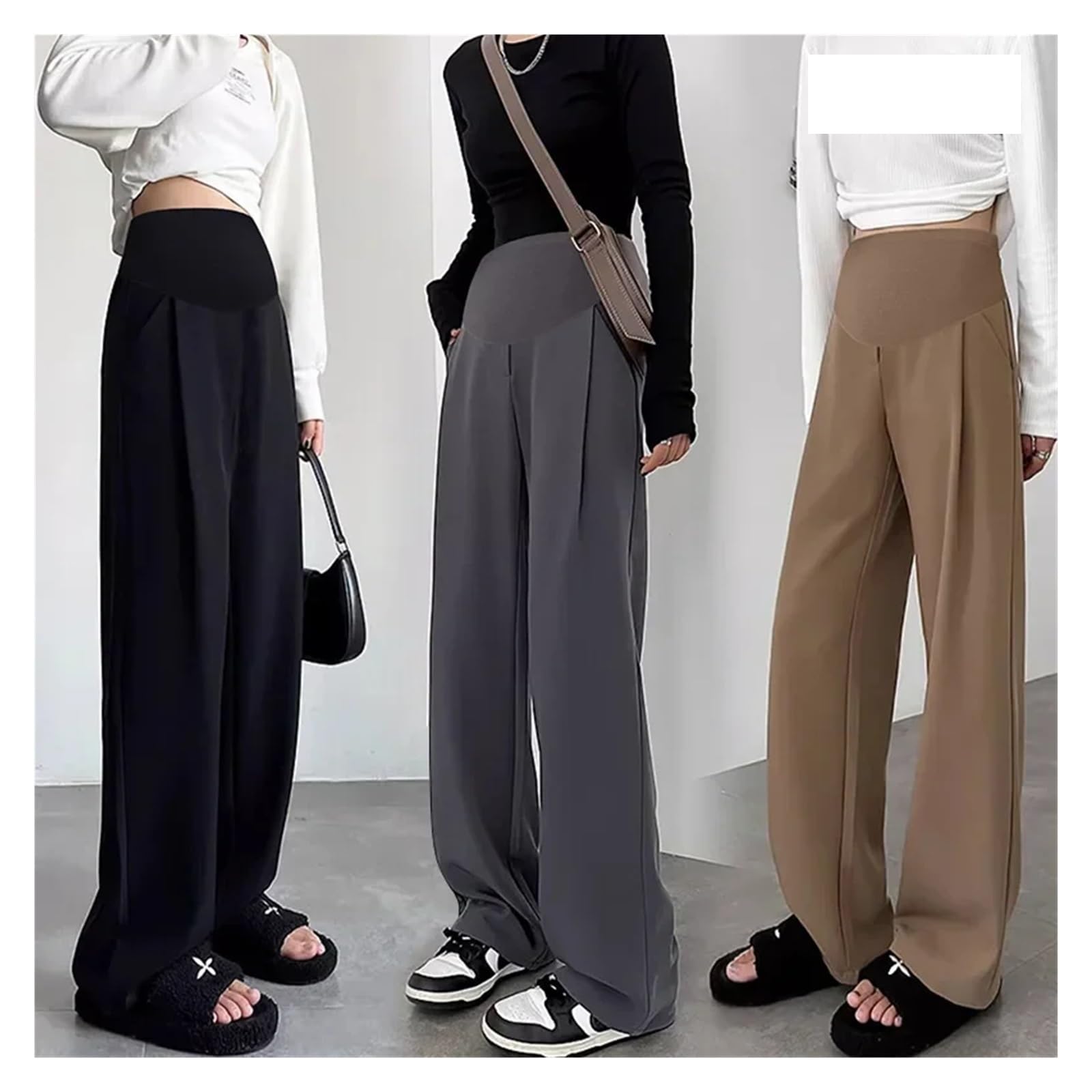 Pantalones de Maternidad de Pierna Ancha, Pantalones Casuales adelgazantes de Pierna Recta for Embarazadas, Primavera y Verano.(Coffee,XL)