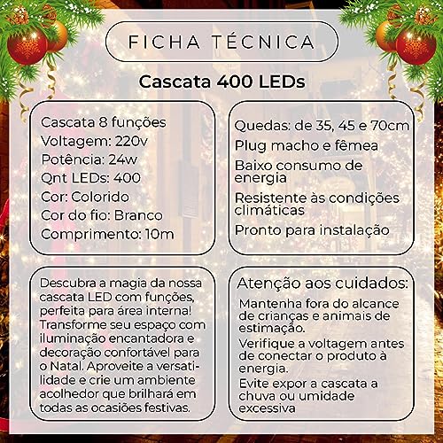 Jdr Cascata Led 400 Leds Pisca Pisca 8 Funções Cores Decoração Natal Colorido 220v MF