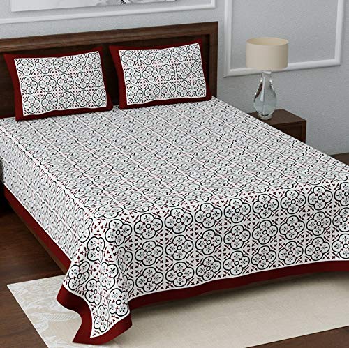 Image of LIVING ROOTS Jaipuri Hand Block Print King Cotton Bedsheet 86 * 104 inches (7 * 8.5 feet) with 2 Pillow Cover | 210 TC | Rich Fast Colour with No Colour Bleeding | (034-A)