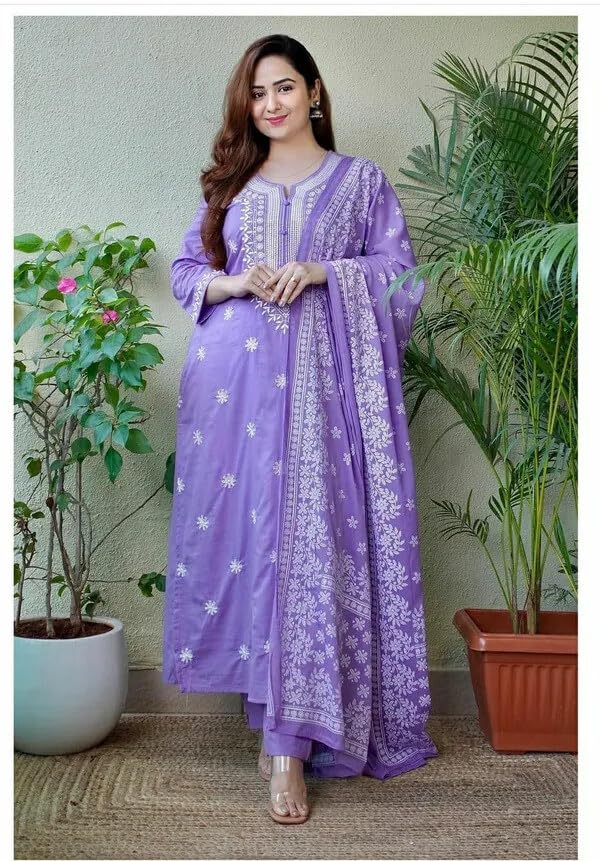 Image of Shiv Textiles Cotton Blend Solid Regular Kurta Sets for Women (JDA-EVA-Purple-XL
