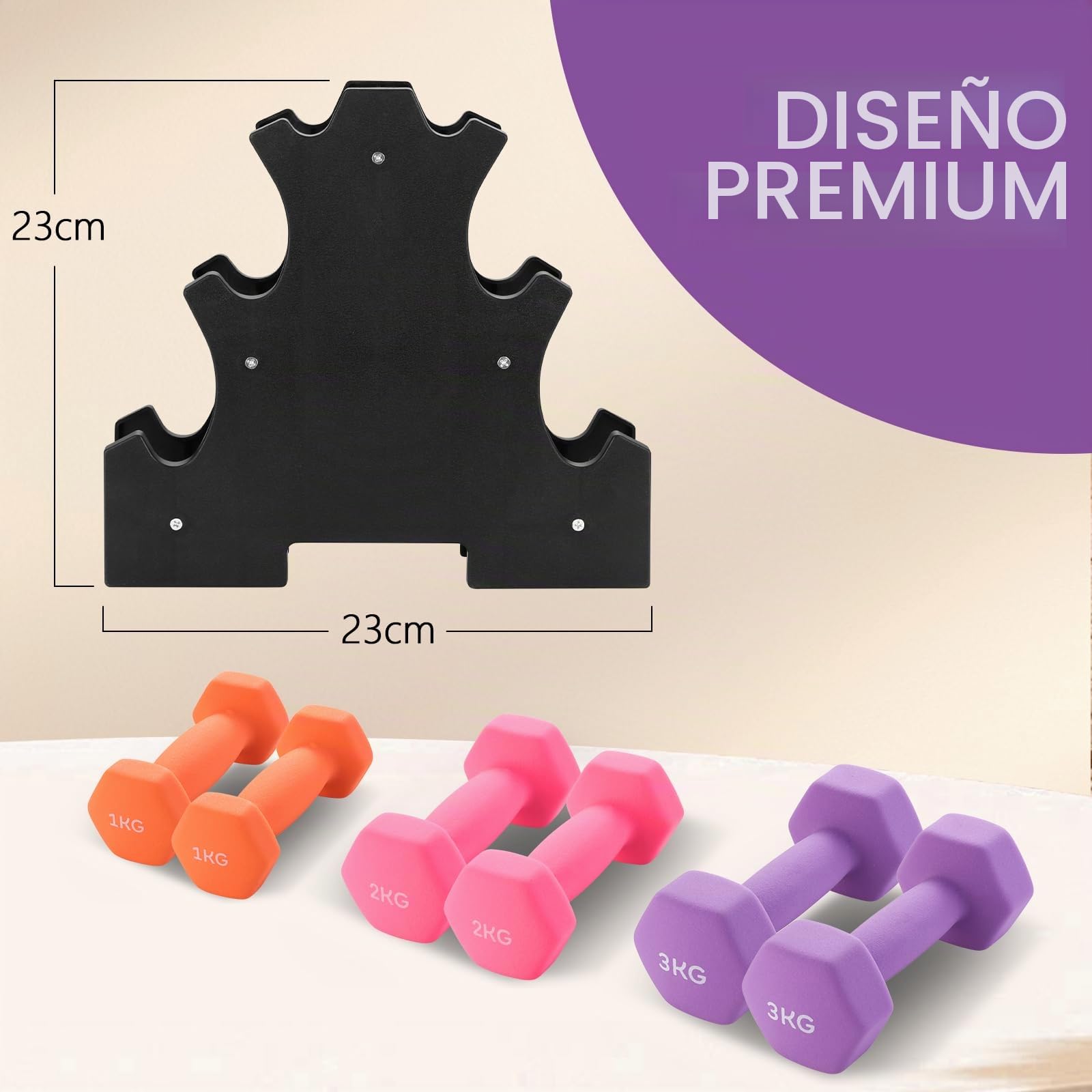 Juego de Mancuernas Hexagonales con Soporte,2 x Mancuernas 3/2/1.5/1kg, Pesas Gimnasio en Casa para Fitness, y Ejercicios de Fuerza y Tonificación, Mujeres y Hombres