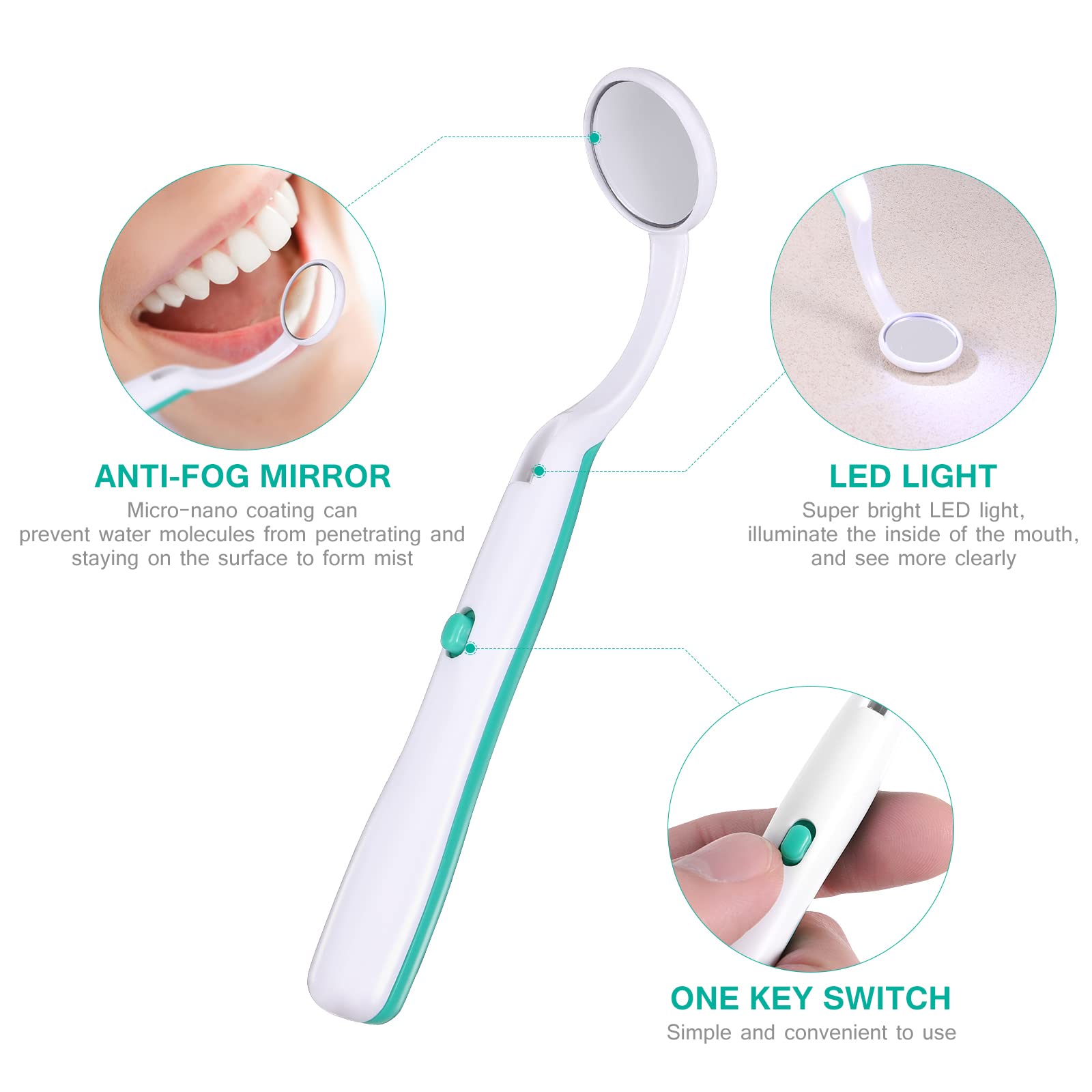 MILISTEN Lustro dentystyczne z oświetleniem LED, ochrona przed zaparowaniem, lusterko dentystyczne, lusterko do pielęgnacji zębów, lusterko do makijażu