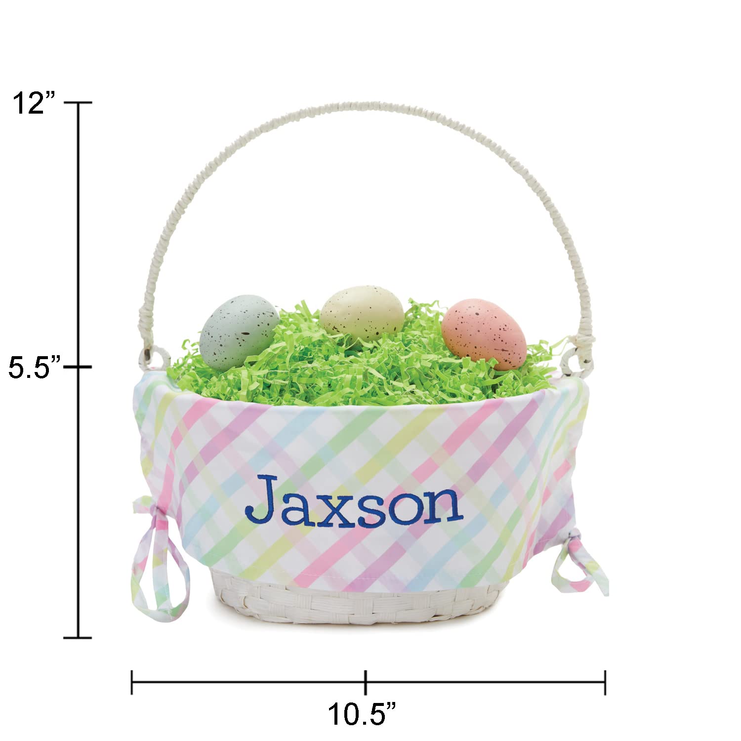 Personalized Easter Egg Basket with Handle and Custom Name | Multicolor Gingham Easter Basket Liners | White Basket | Woven Easter Baskets for Kids and Adults | Customized Easter Basket