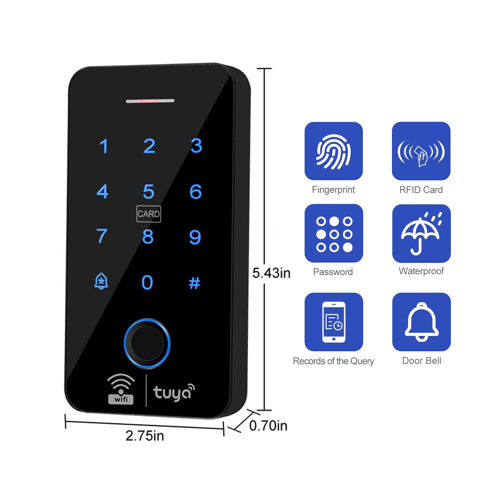 Tuya - Kit de control de acceso de huellas dactilares WiFi: 100FP/8000C/125kHz+13.56MHz/IP68 teclado retroiluminado, Maglock de 180 kg o cerradura eléctrica pequeña, 10 llaveros IC, fuente de