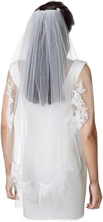White Bridal Wedding Veil with Flower Vine Crystal Pearl Embroidery - Fingertip Length 36"