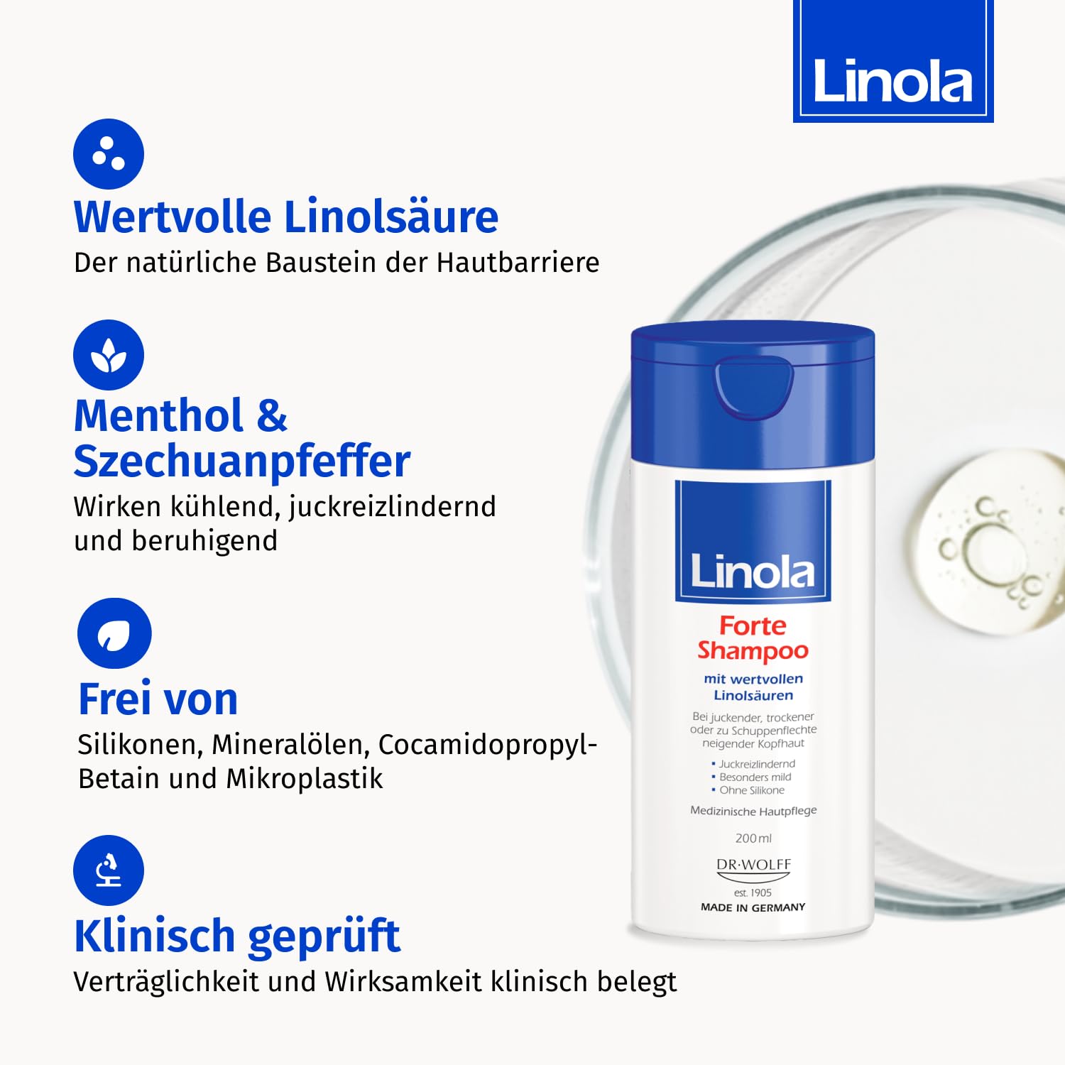 Linola Forte Shampoo + Forte Kopfhaut-Tonikum - 200 ml + 100 ml - Pflege-Set gegen trockene Kopfhaut und Schuppenflechte - Haarshampoo und Haarwasser gegen Juckreiz