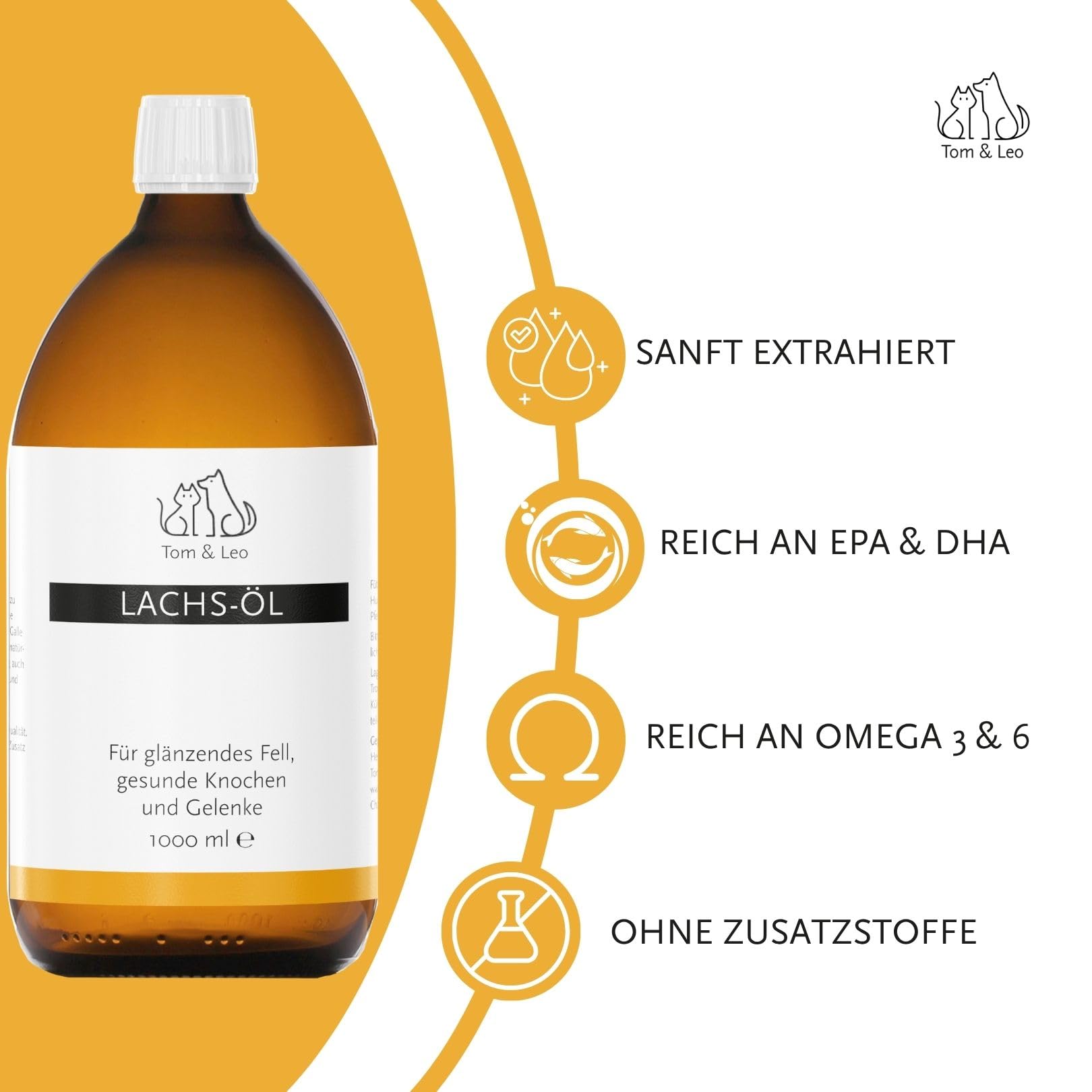 Aceite de salmón 1000 ml para perros y gatos – de Tom & Leo – Aceite de salmón salvaje con Omega 3-6-9, ideal para Barf, Piel y Pelaje, Aceite de pescado Premium para perros