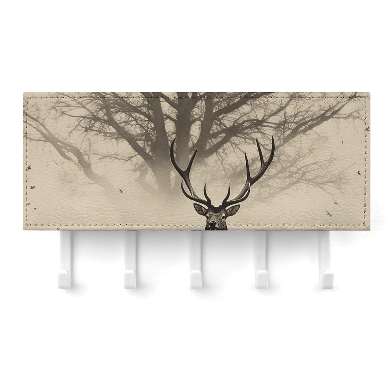 QMNLKH Abstract Tree Elk Picture Wall Mounted Key Rack for Home, No Drilling Key Holder with 5 Hooks, Self Adhesive Keys Chain Organizer for Hallway, Keys Hanger Shelf for Office, Doorway White