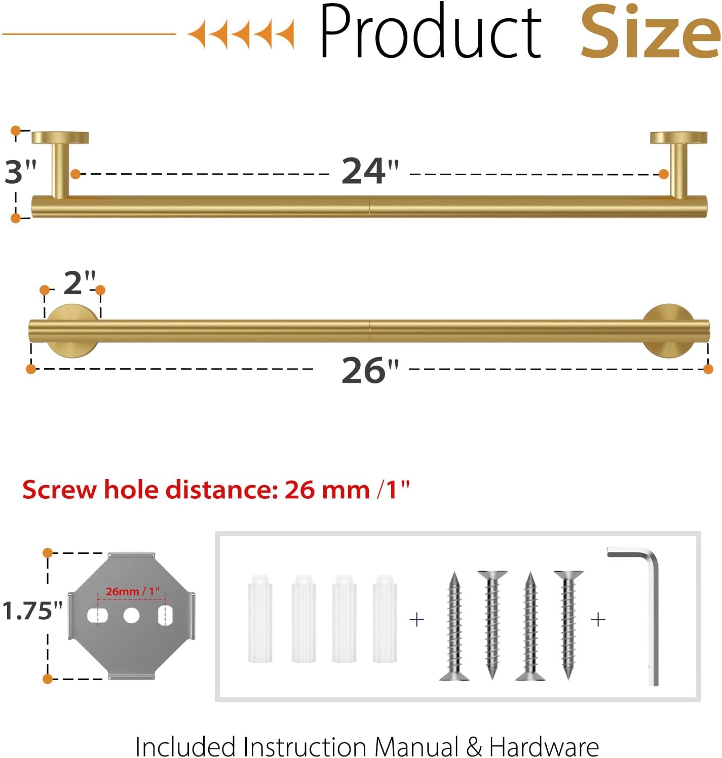 24 Inch Gold Towel Bar for Bathroom Wall Mounted,SUS304 Stainless Steel image 2
