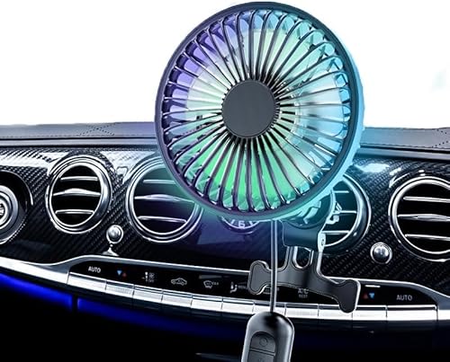 AriKroii Ventilador USB de 12 V, 3 velocidades, rotación de 360° con luz RGB, menor ruido, adecuado para diversos vehículos
