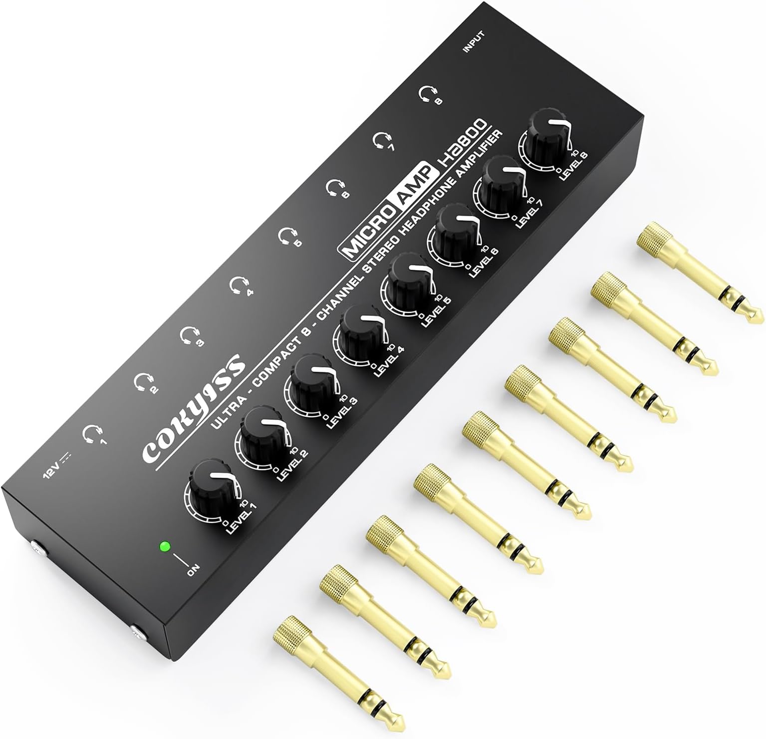 COKYISS Headphone Amplifier,8 Channel Stereo Headphone Amp,Portable Metal Earphone Splitter,with Built-in Equalizer,w/8 1/4" TRS Headphones Output and 1/4' TRS Audio Input for Sound Mixer