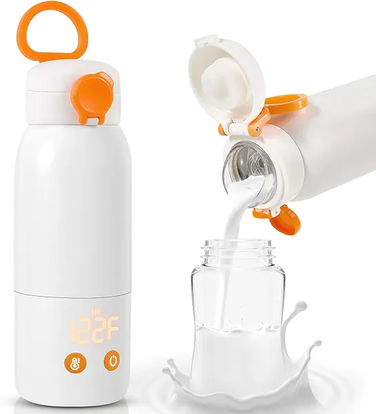 Portable Bottle Warmer for Travel, 12oz Large Capacity Fast Heating Breast Milk, Water & Formula On The Go Baby Bottle Warmer Accurate Temp Control with 4 Levels Long Battery Life for Car & Airplane