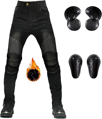 LOMENG Winter Motorcycle Pants Plus Velvet Motorbike Jeans Wear Resistant with CE Knee Hip Removable Armored for Men
