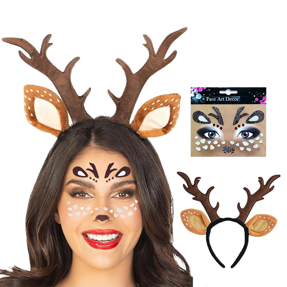 HTGWCG Reindeer Headband Costume Kit, World Book Day Girls Deer Antlers Horns Deer Ears Headband Deer Face Tattoo Stickers