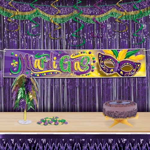 Beistle Mardi Gras Tinsel Fringe Bunting, Festive Green, Gold & Purple Garland Decoration, Sparkling Banner for Mardi Gras Parties, Parades & Events, 8” x 6’ 5” by Beistle - Used condition - Image 4