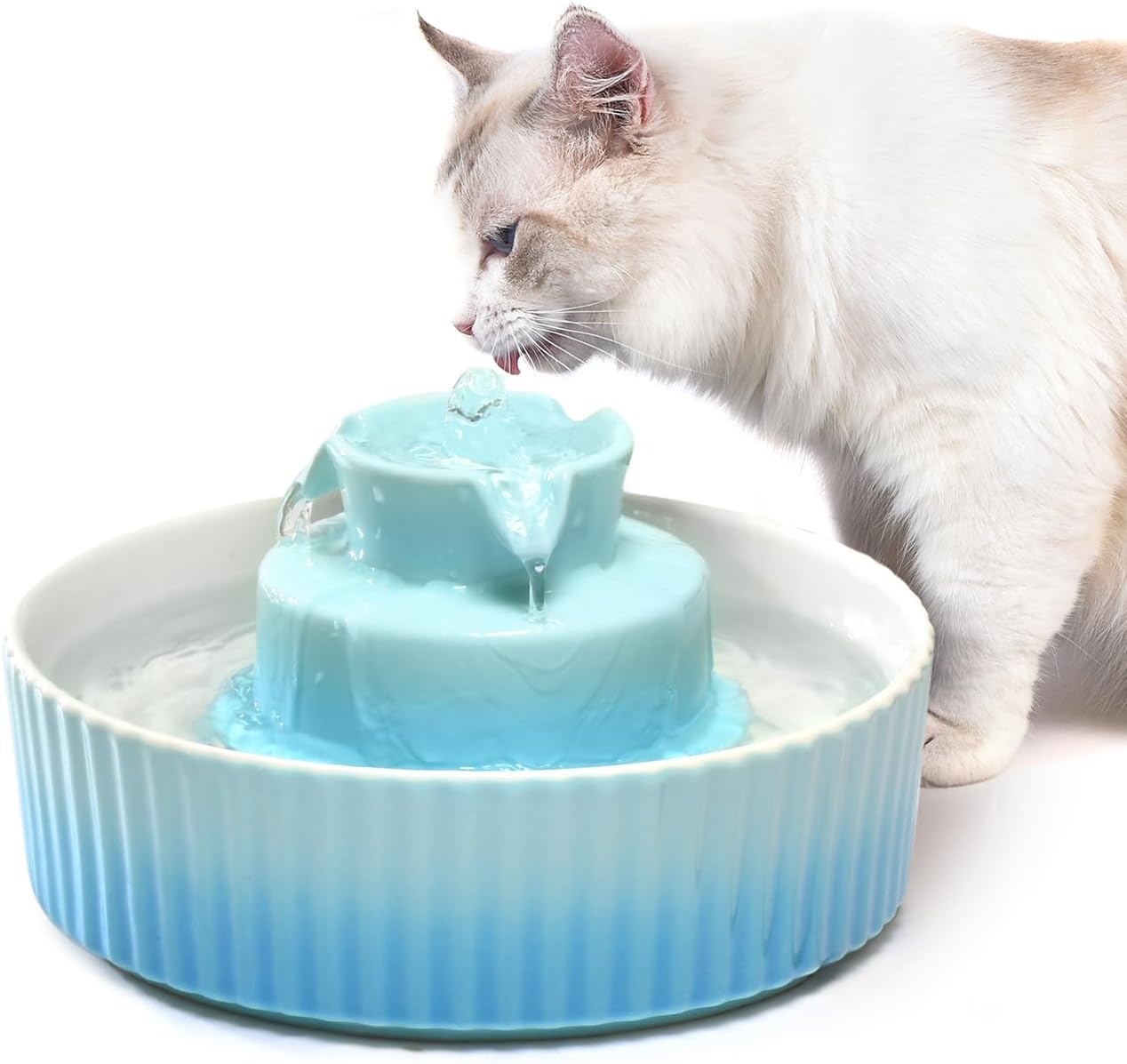 VinDox Fuente de cerámica para gatos de 2,1 L, fuente potable para gatos y perros, dispensador de agua de porcelana para gatos con filtro de repuesto y bomba inteligente de espuma (azul)