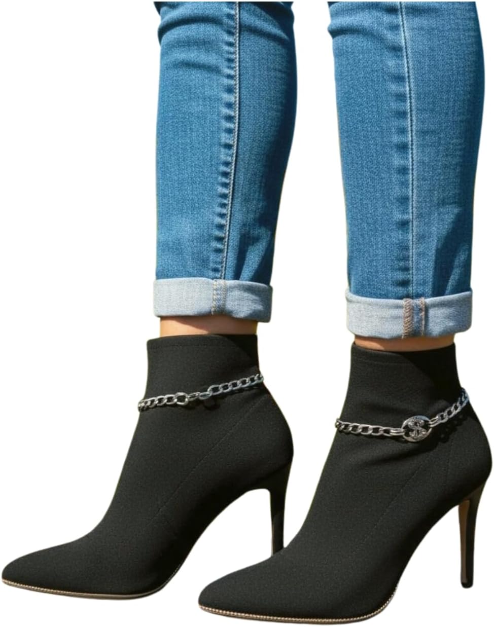Trendy Fashion Jewelry Women’s Silver Metal Boot Chain Bracelet Set – Western Biker Bling Anklet Pair with Dollar Sign Charm $ – Shoe Charm Strap Accessory for High Heels & Ankle Boots – 11"-15" BC2