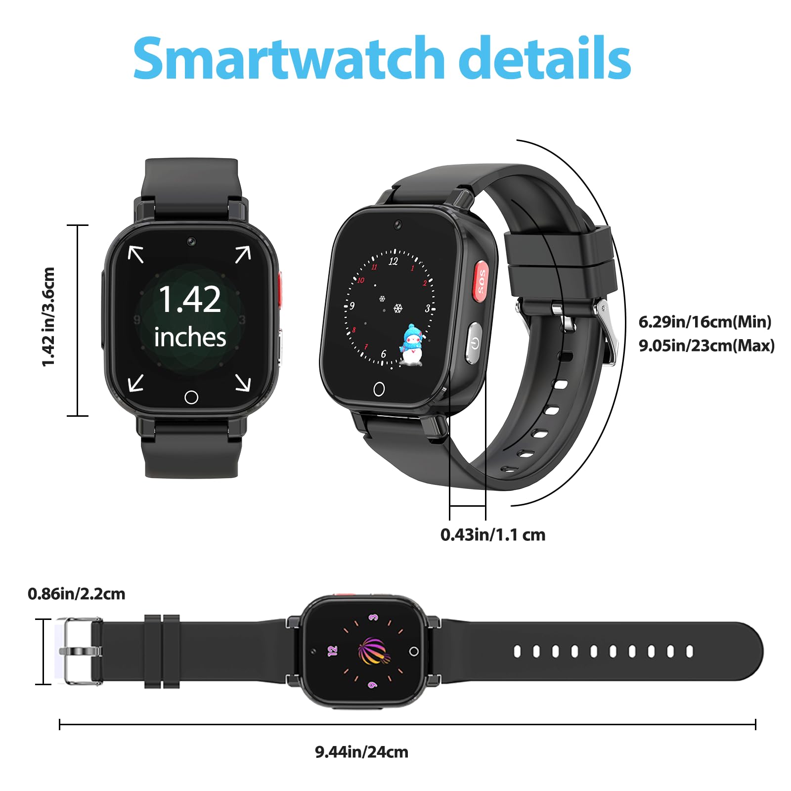 Alutoria Smartwatch für Kinder-Uhr mit GPS und Telefon 4G Videoanrufen Sprachchat Schrittzähler Kamera SOS Schulmodus Wecker–Uhr für Mädchen und Jungen von 4–12 Jahren Geschenk Schwarz
