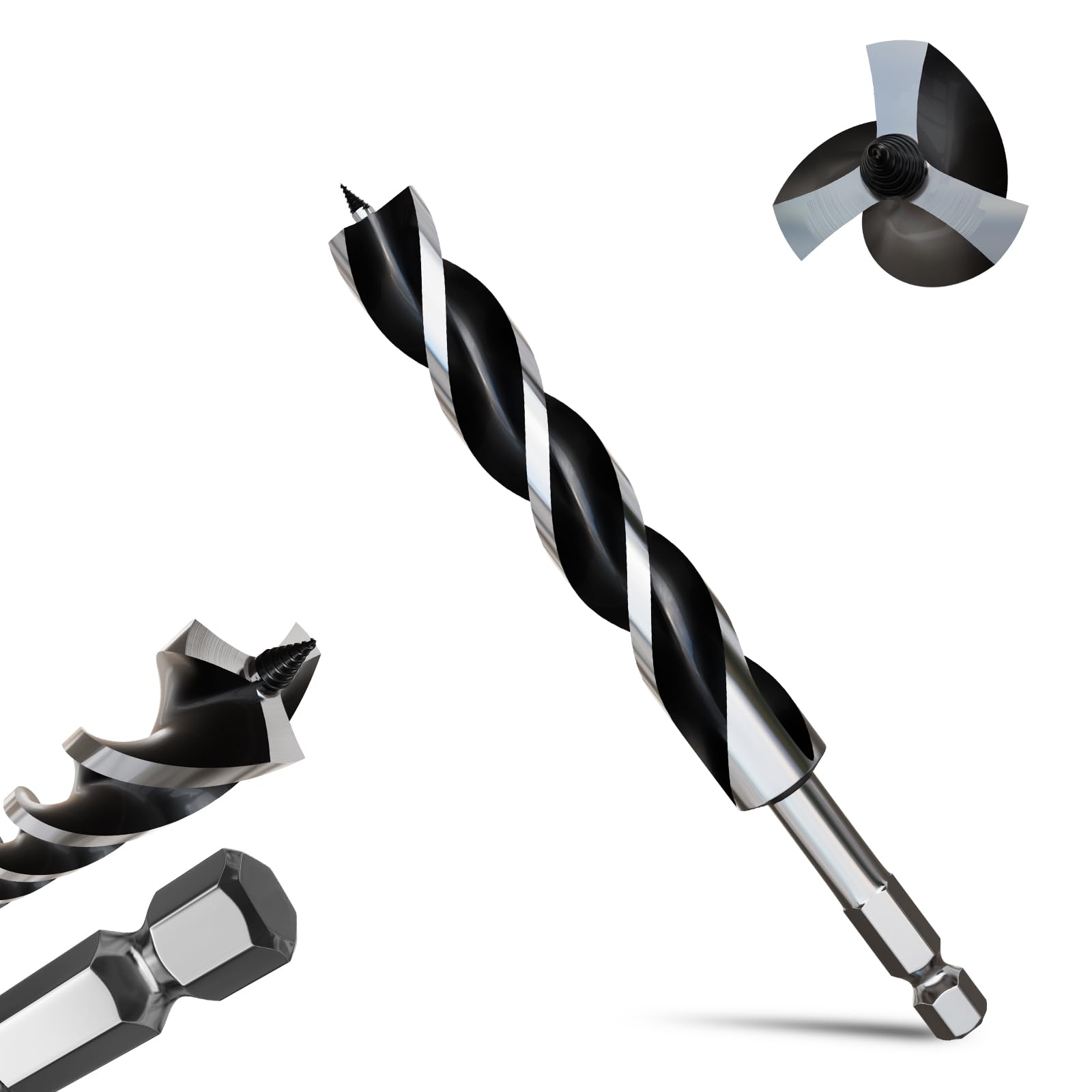 METOTY 25mmx230mm Auger Drill Bit Extra Long Drill Bits，12mm Hex Shank for Wood with Quick Change - 3-Cutter Design with Dual-Flute for Fast Chip Removal, Fits Hardwood, Softwood, PVC, Drywall — image 1