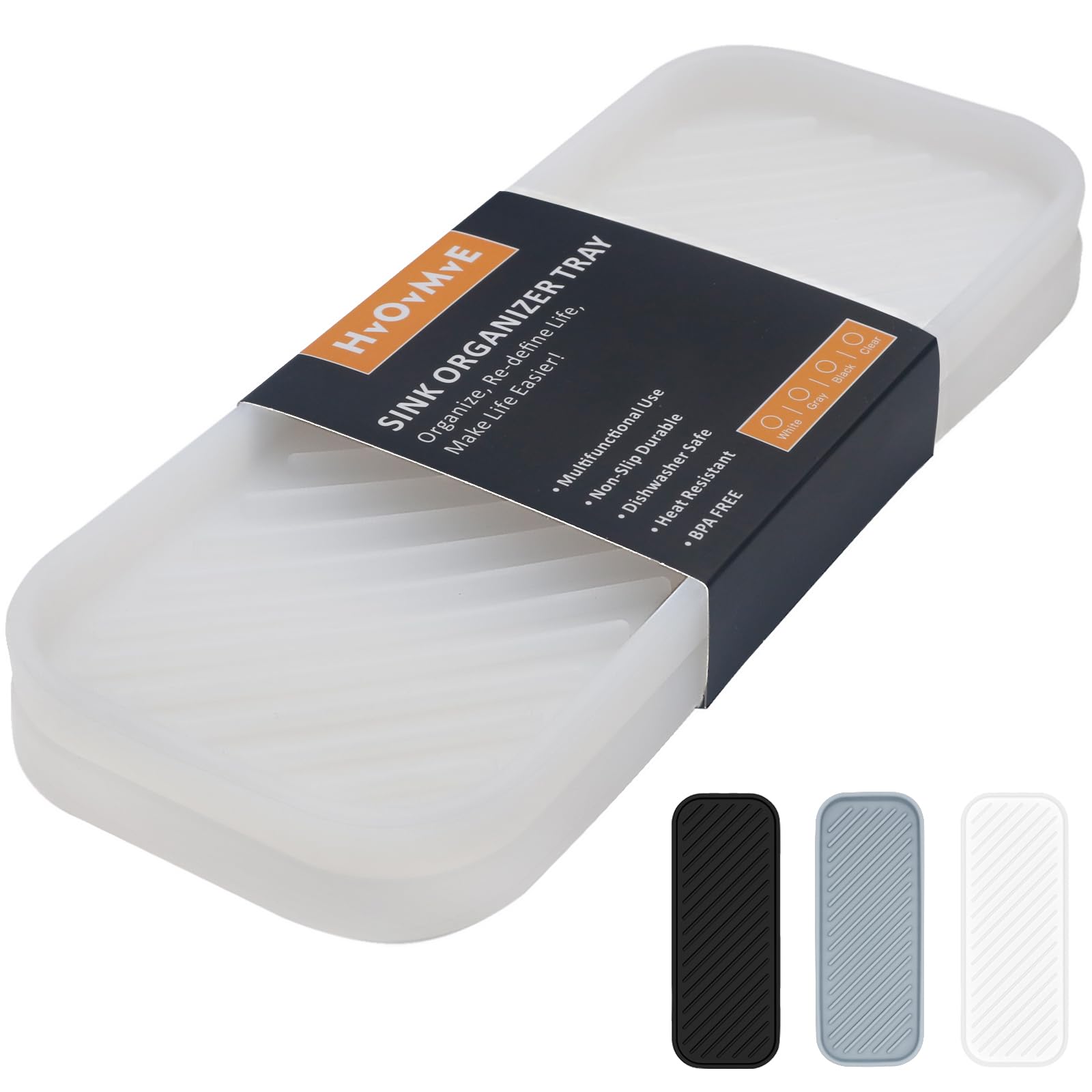 Silicone Organizer Tray, Soap and Sponge Holder for Kitchen Sink, Bathroom - Storage Tray for Dish Brush, Soap Dispenser, Dishwashing Accessories- 2 Pack (Clear)