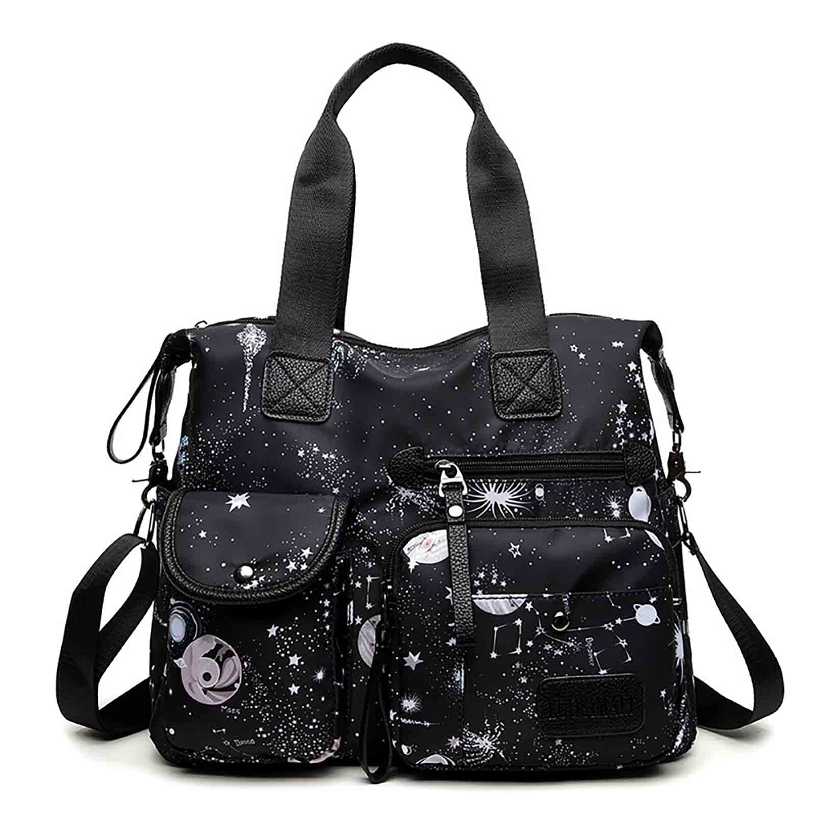 Women's Fashion Handbag Canvas One Shoulder Women's Bag Starry Sky Printing Casual Crossbody Bag (Black)