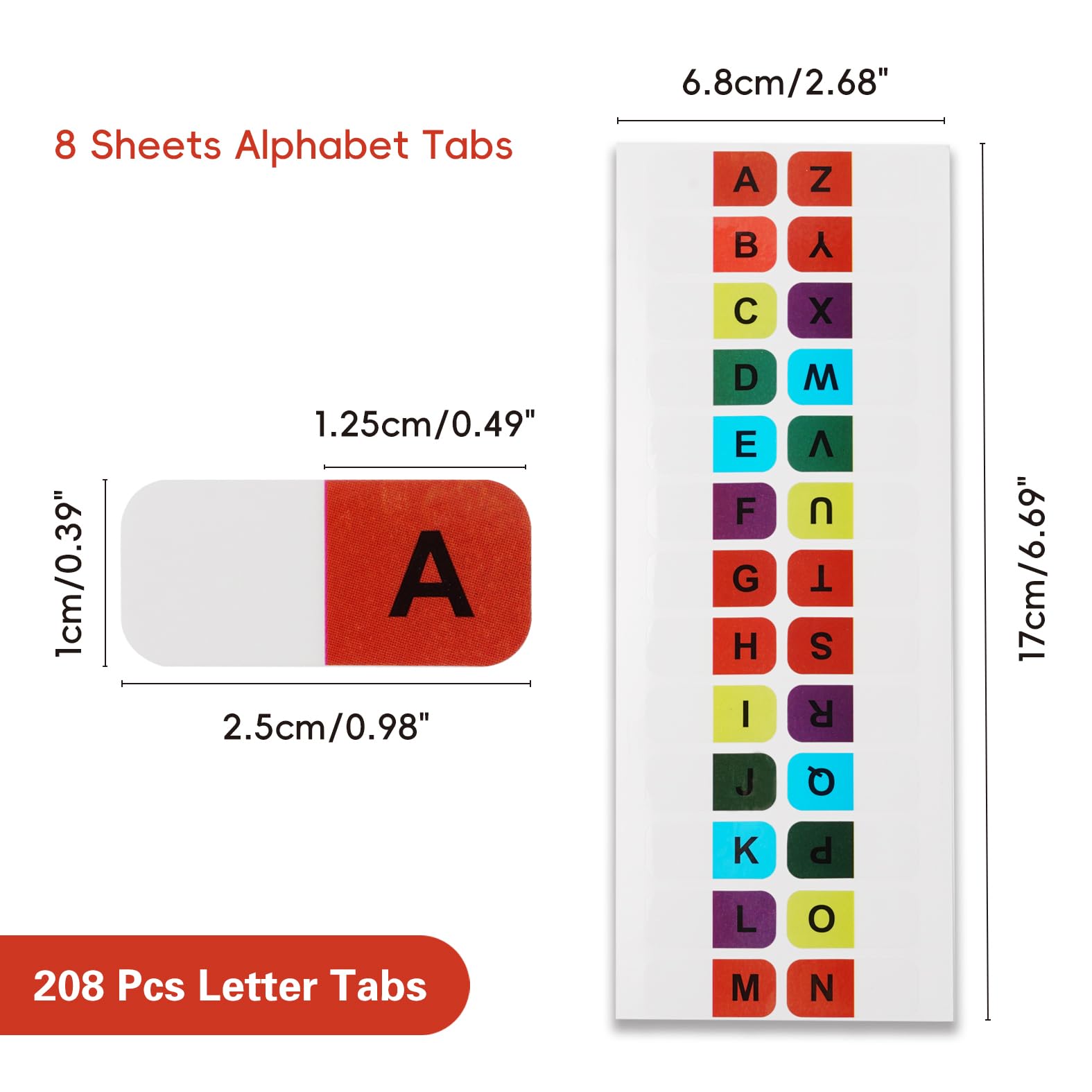Lot de 208 onglets autocollants de l'alphabet de A à Z pour livres, onglets alphabétiques pour dictionnaire, fichier, carnet de notes (colorées)