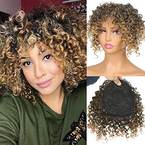 LEOSA Afro Kinky Curly Hair Toppers for Women with Bangs Brown Kinky Curly Wiglets Hairpieces for Thinning Hair Syntheti