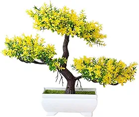 Kit 3 Bonsai Artificial Decorativo Árvore de Enfeite para Casa, Escritório e Ambientes Internos Realista e Elegante, Decoração de Mesa ou Estante Flores Planta Artificial (Verde e Amarelo) 3 unidades