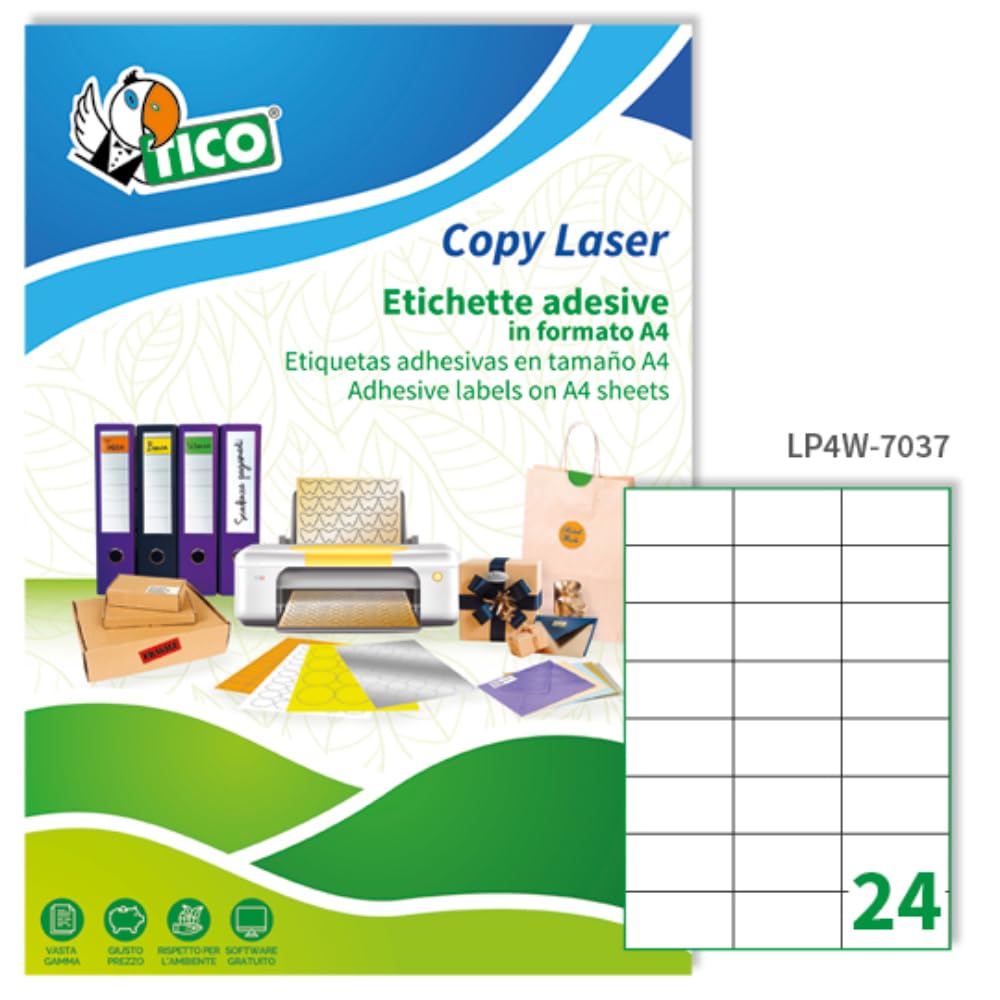 Tico Italia LP4W-7037 Etichette adesive bianche multiuso, 100 fogli A4, rettangolari 70x37mm, 24 etichette per foglio, adesivo permanente, stampanti laser e inkjet