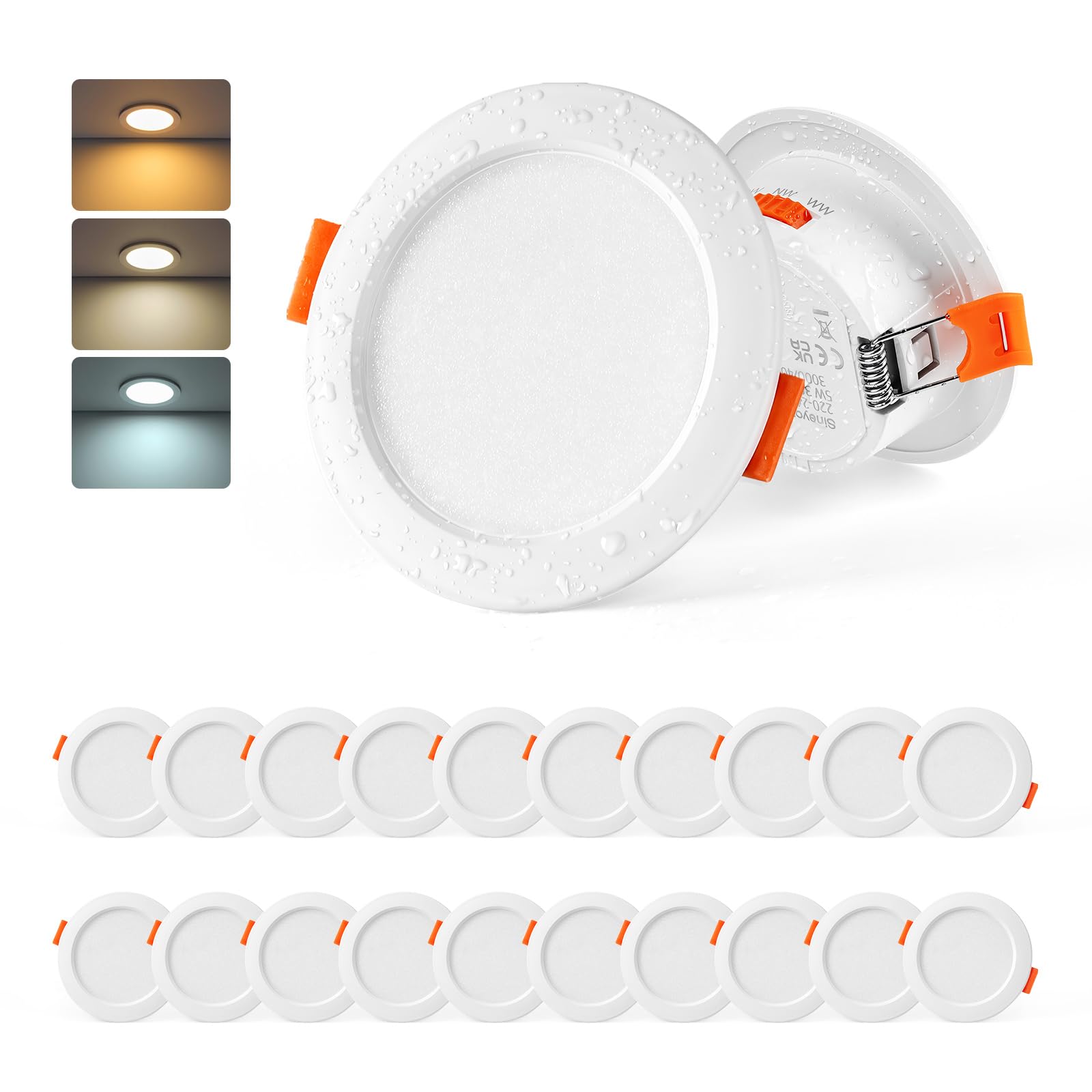 Sineyon LED Spots 230V, 20er Set LED Einbaustrahler 68mm, 5W Deckenspots Warmweiß 3000K Neutralweiß 4000K Kaltweiß 6000K, IP44 Spots Deckenleuchte Einbauleuchten Flach für Badezimmer Wohnzimmer
