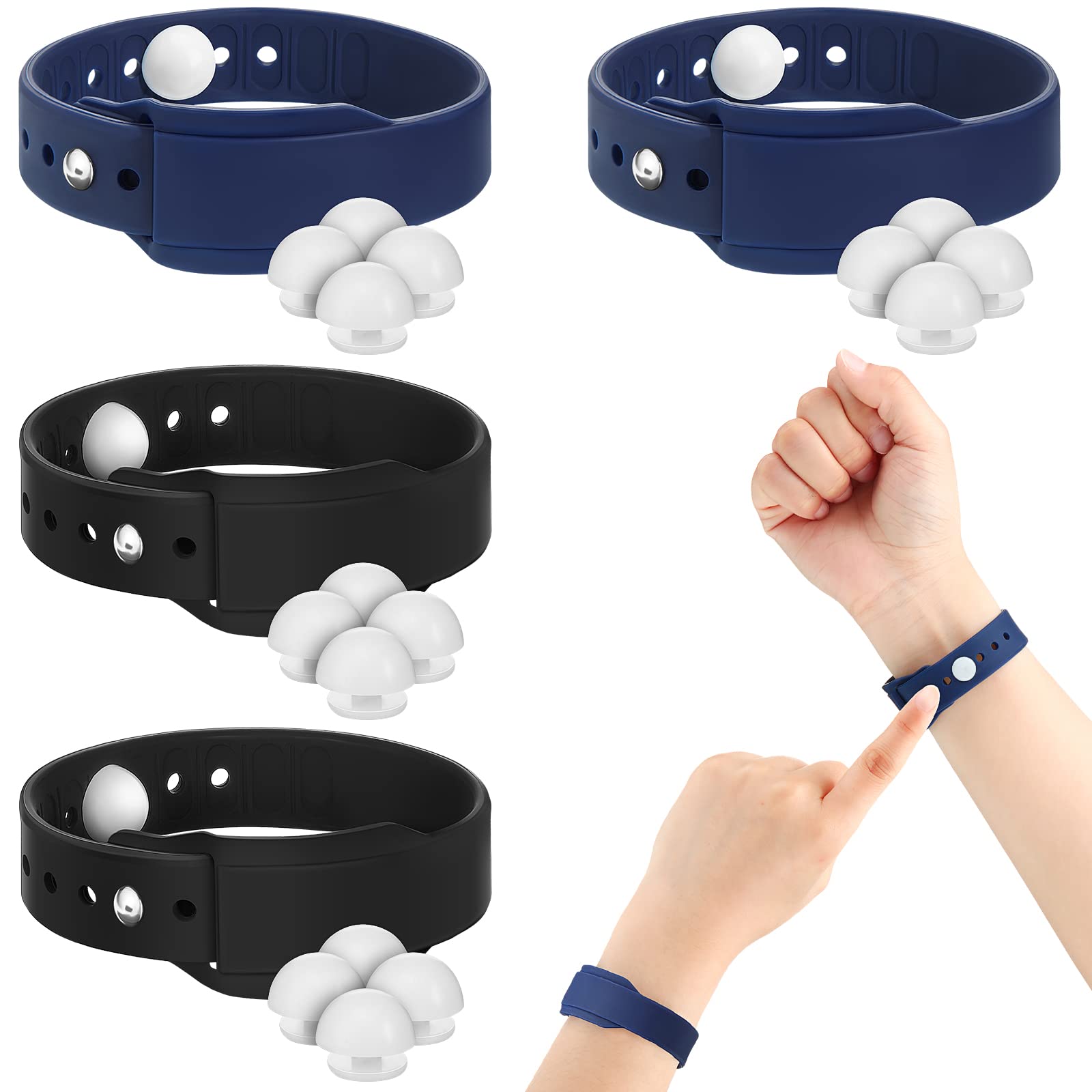BBTO 4 Pcs Motion Sickness Bracelets Bands Sickness Adult Adjustable Acupressure Wristband Headache Relief Anxiety Relief Waterproof Band for Seasickness Car (Black. Dark Blue)
