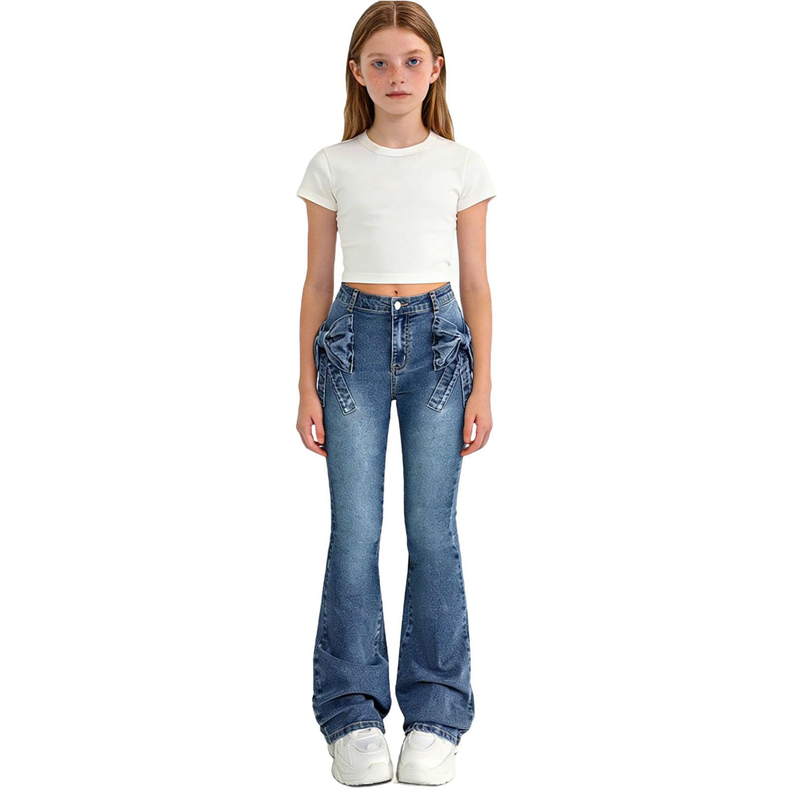 HAOLEI Vaqueros Acampanados Niña,Moda Cintura Medio Pantalones Vaqueros Ajustados con Lazo 3D Casual Slim Fit Y2K Pantalon de Mezclilla para Adolescentes Chica Versátil Bootcut Jeans 6-13 Años