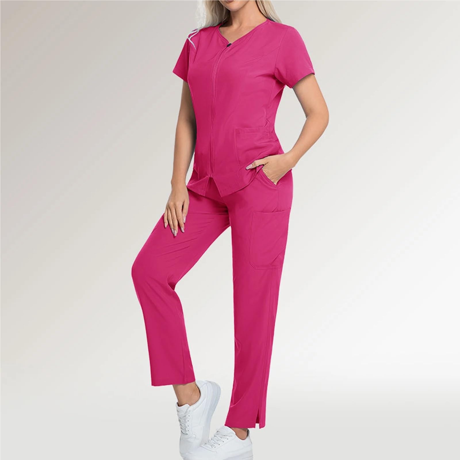 Kasacks Damen Pflege Damen-Krankenschwester-Bekleidungsset, einfarbig, kurze Ärmel, lange Hosen, mehrere Taschen, medizinische Uniform, Arbeitskleidung for das Gesundheitswesen