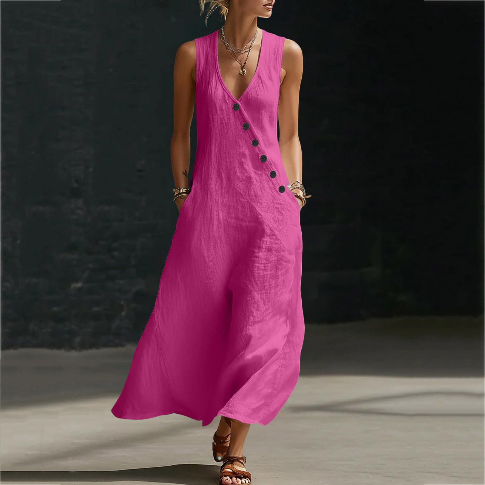 EMATOP Vintage Kleider Damen V-Ausschnitt Strandkleid Lässig Ärmellos Sommerkleider Langes Lockeres Midikleider Luftiges Elegant Shirtkleider mit Taschen Wickelkleid Einfarbig Boho Kleid