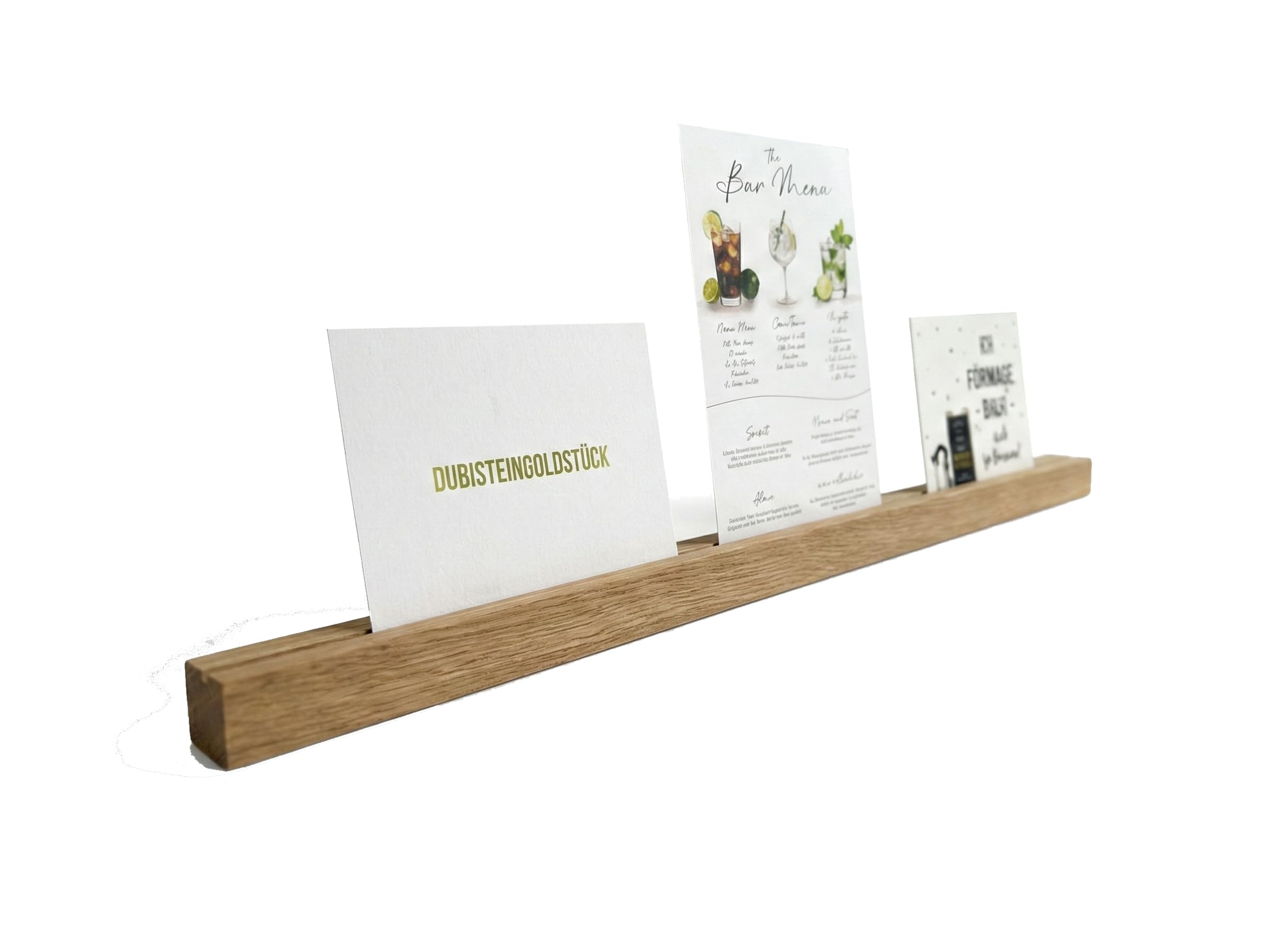 Schmale Elegante Bilderleiste - Fotoleiste aus naturbelassenen Eichenholz, Wandboard für Bilder, Aufhängung mit und ohne Bohren möglich (mit Schrauben, 120cm)