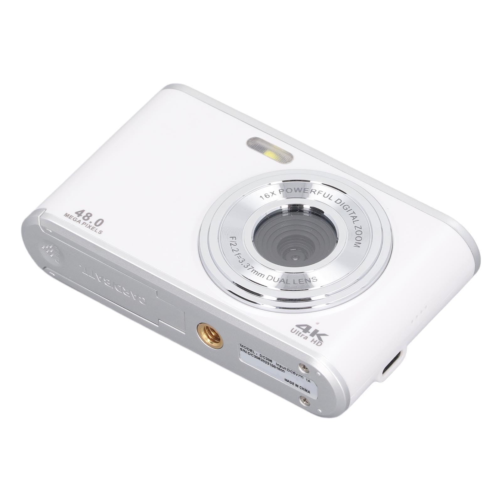 Cámara de Bolsillo 48MP 4K Ultra HD Lente Dual Zoom 16x Enfoque Automático Antivibración Pantalla IPS de 2,4 Pulgadas Cámara Digital Compacta para Viajes Graduación (White)