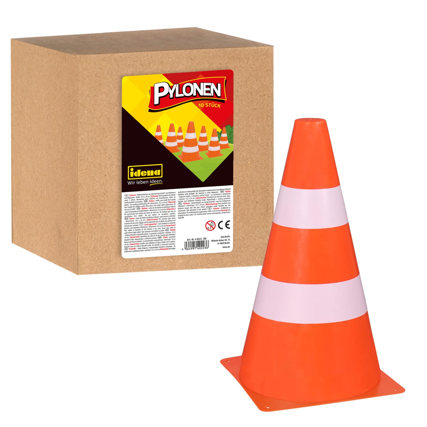Idena 40223 - Pylony, 10 sztuk, 13,5 x 24 cm, plastikowe pachołki, do układania w stosy, pachołki drogowe do sportu, rekreacji, slalomu i wielu innych.