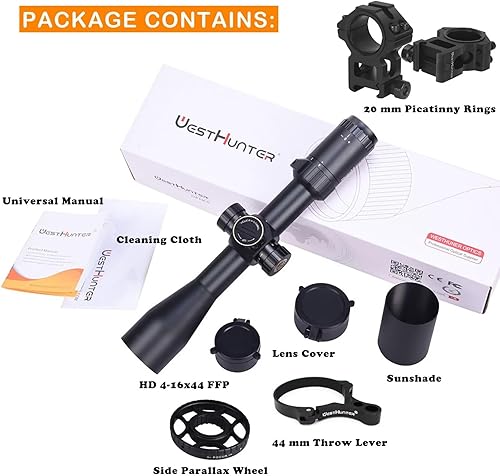 Miniatura 4 de WestHunter Optics HD 4-16x44 FFP Scope, tubo de 1.181 in primer plano focal campo de visión amplio precisión 110 MIL Riflescope, plateado