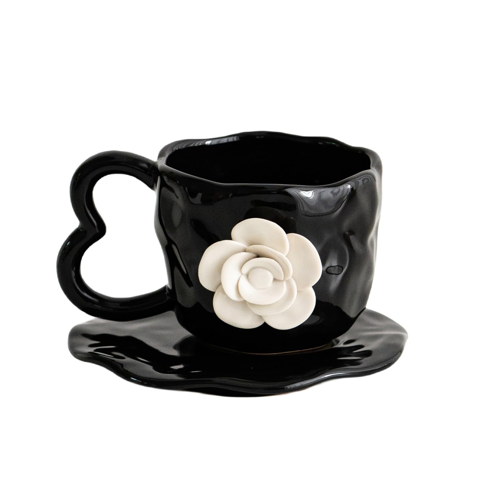 VISIBLE 3D Camellia flower Ceramic Coffee Mug Tea cup with Saucer set and one Stainless steel Spoon (13oz 380ml, Black)