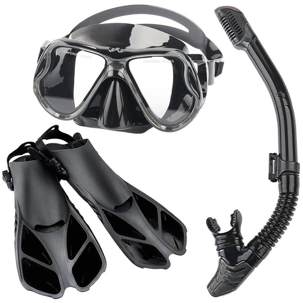 VBM Snorkle Mask Kit Diving Scuba Mask Snorkeling Gear Swim Fins Adjustable Open Heel Flippers 180 Panoramic View Anti-Fog Anti-Leak Dry Top for Adult, Men (Black) 1