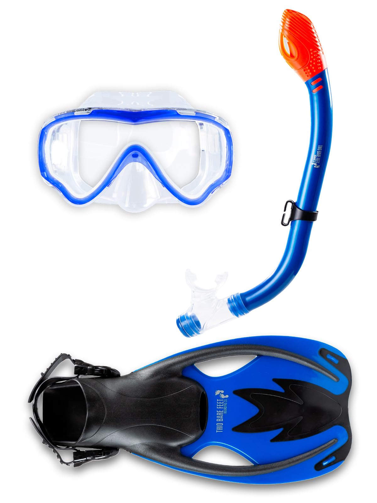 Two Bare Feet Junior SILICONE Mask, DRY TOP Snorkel & Fins 3PC Kids Diving Set (Blue, L/XL UK1-UK4)