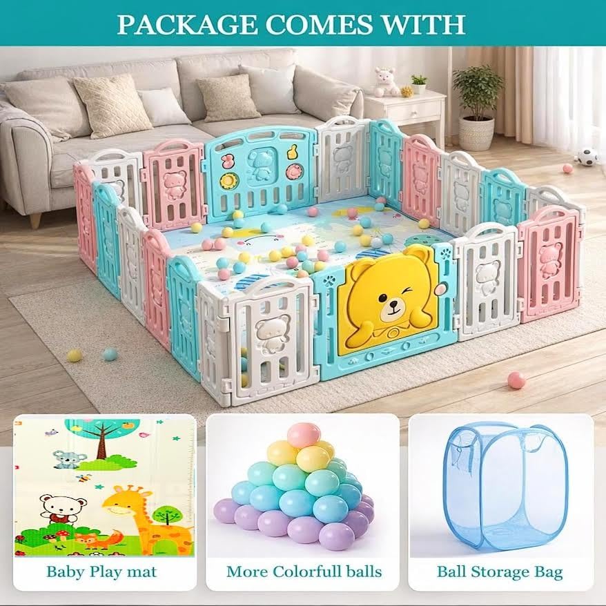 Image of Large Baby Playpen 18 Panels /36 Sq Ft Play Area Indoor Setup with Mat ,balls | Play Yard for Babies 0-3 Years with Padded Boundary |Indoor Outdoor Toddler , infant fence Activity Center with Safety Door Lock & Suction Cups (6 * 6 FT)