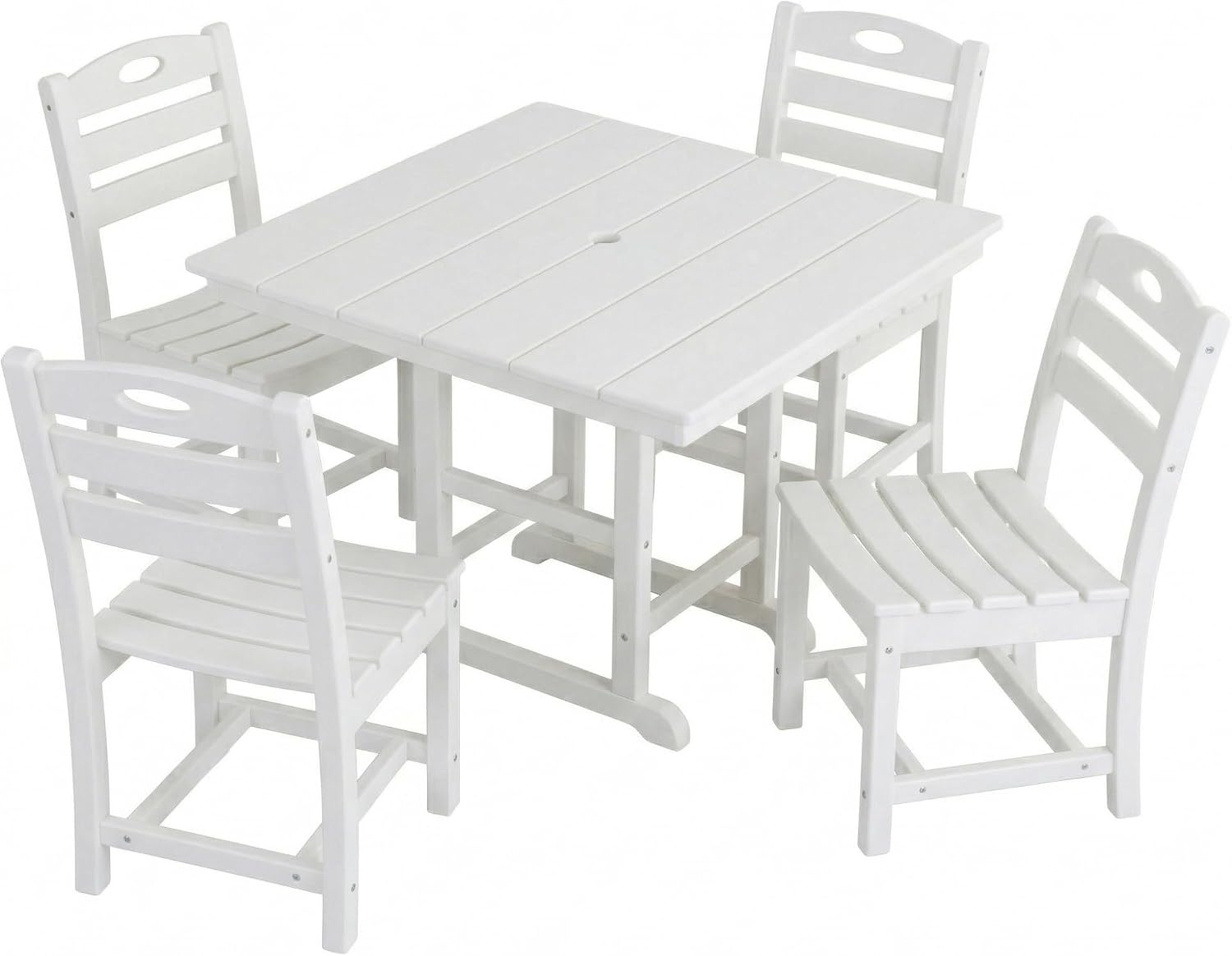 5-Piece White Outdoor Dining Set for 4, Patio Dining Set with Square Table & 4 Chairs, Umbrella Hole for Patio, Porch, Backyard