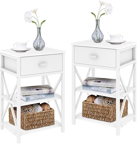 LVB Moderna mesita de noche blanca, estrecha, pequeña, juego de 2 con cajón, bonita mesa auxiliar de metal de madera delgada con estante de