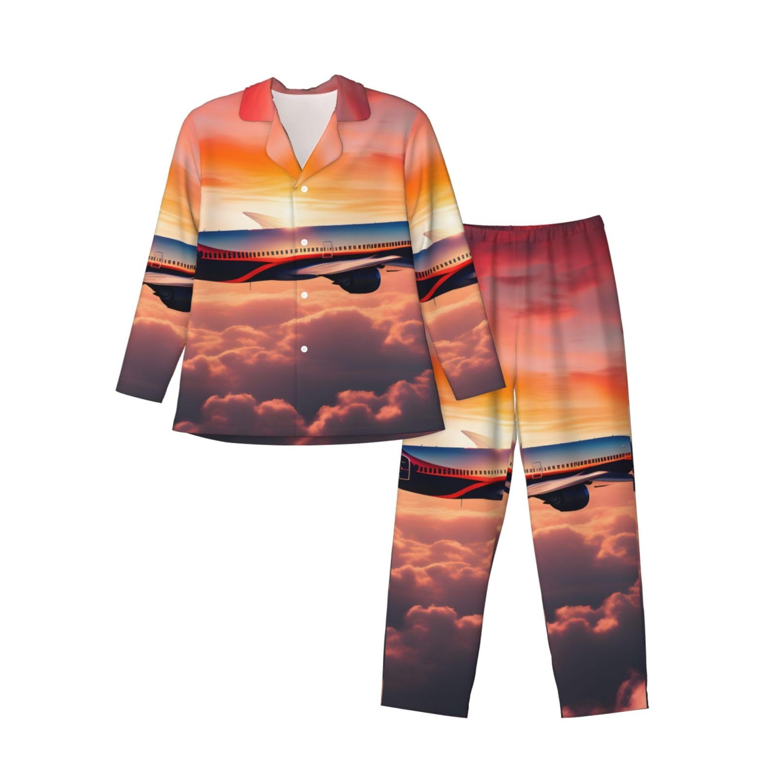 Pigiama da uomo a maniche lunghe con stampa cielo tramonti aeroplano set due pezzi traspirante accogliente Weekend Loungewear