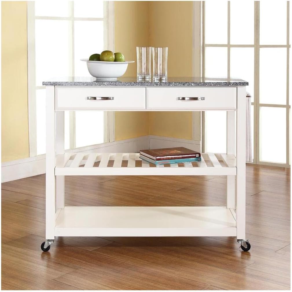 HomeStock Seaside Style Portable Kitchen Cart with Top - 18 X 42 X 36 Inches,Tiered Shelved Storage, Slatted Shelf for Wine Storage, Modern Prep Cart White/Gray Granite Top