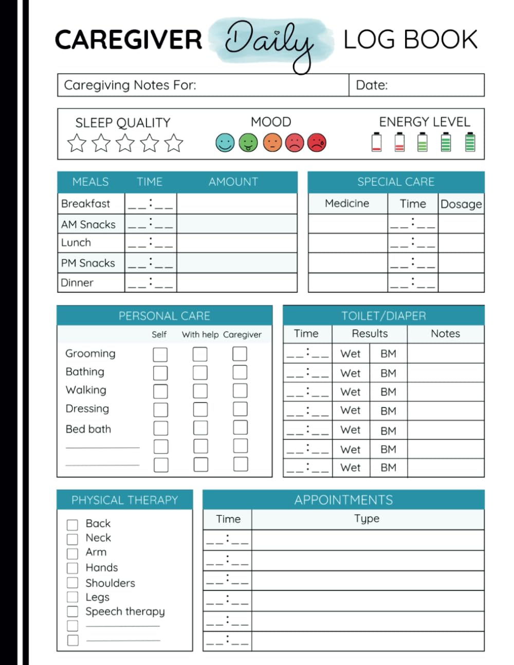 Caregiver Daily Log Book: Personal Caregiver Organizer Log Book ...