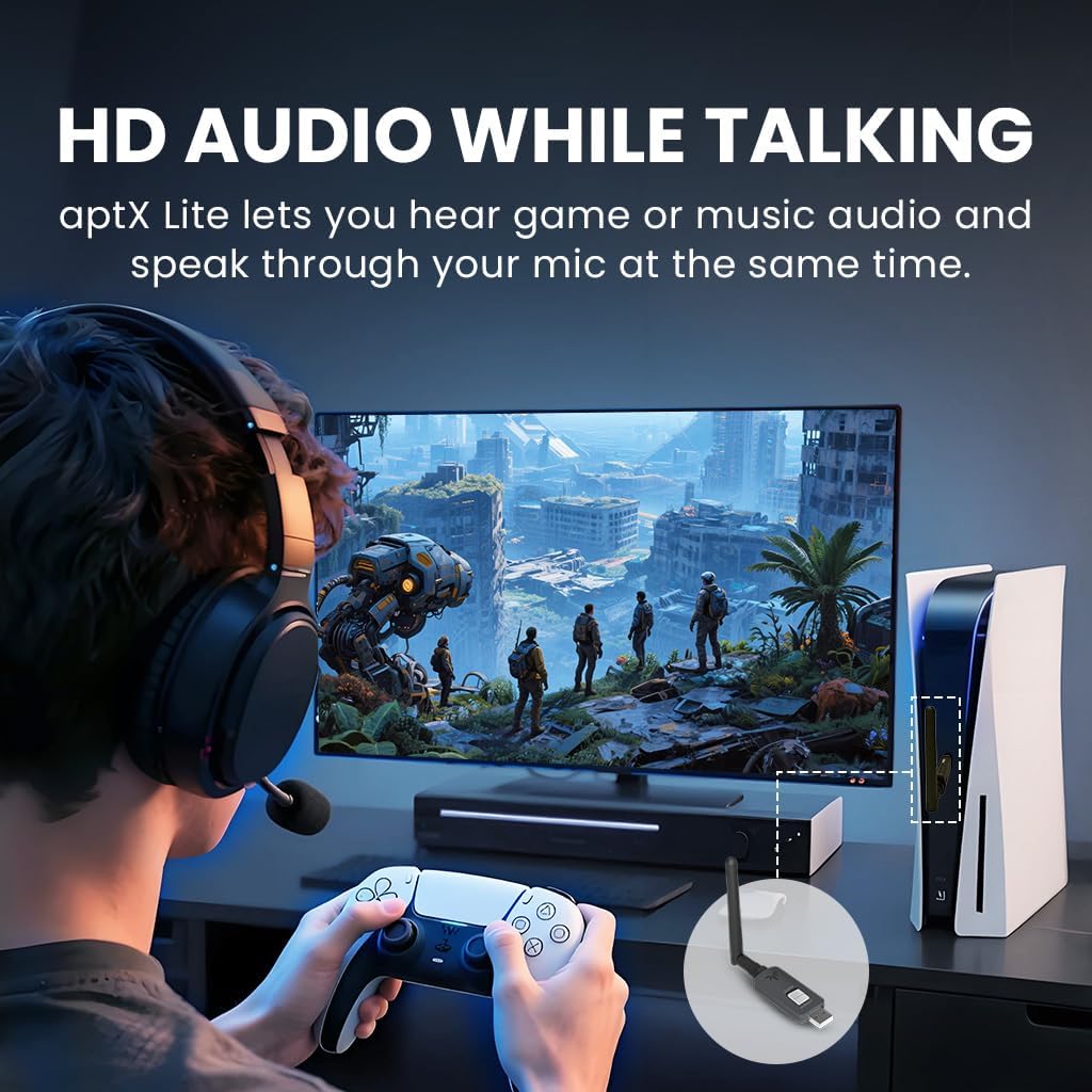 A person playing a video game with headphones connected to the Avantree ProLink, showing HD audio while talking