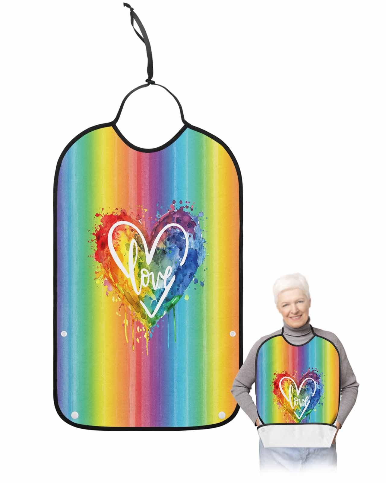 Multicolor Love Adult Bib for Adults Men, Women, Abstract Rainbow Pastel Stripes Art Washable & Adjustable Terry Cloth Bib with Crumb Catcher Reusable Waterproof Clothing Clothes Protector Apron