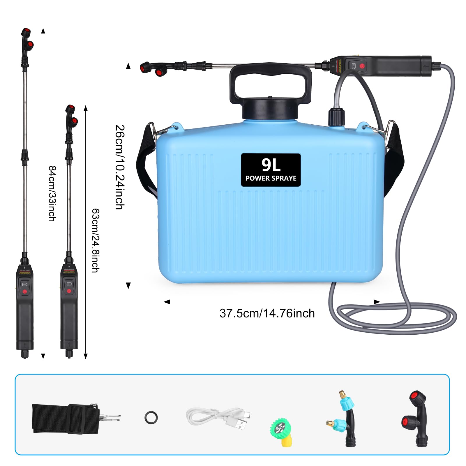 Pulverizador Eléctrico 9L, Jardin Pulverizador con 3 boquillas, Varilla Retráctil, Pulverizadors Plantas Recargable por USB con Correa para el Hombro